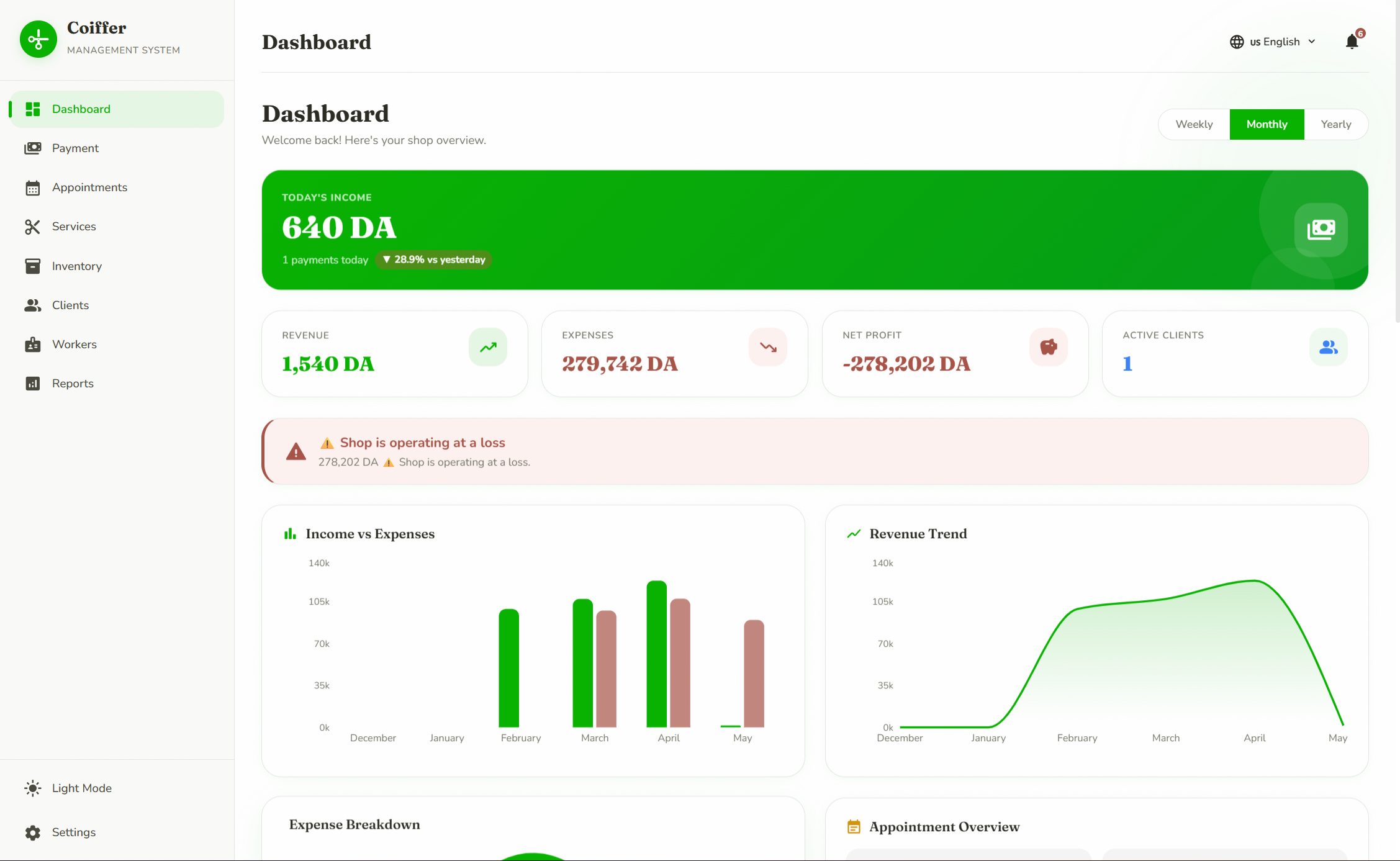 Salon Tech DZ salon management dashboard — full preview